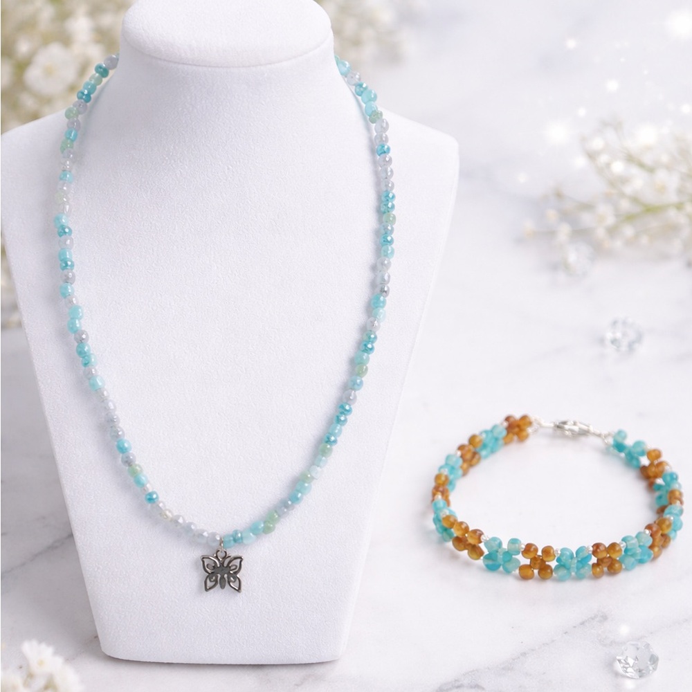 Boho Butterfly Set Seafoam Amazonite Bead Necklace & Teal/Brown Daisy Bracelet
